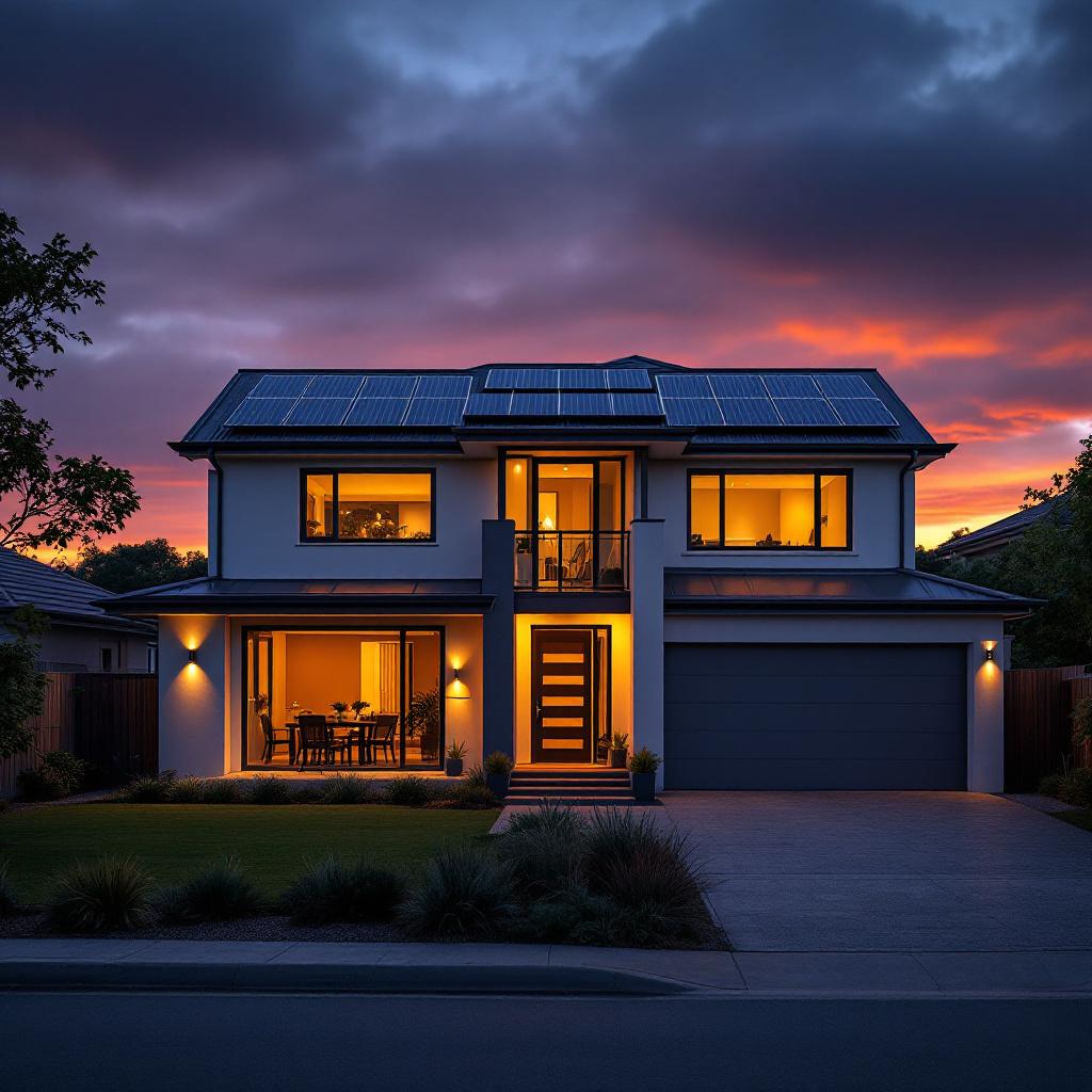 New Zealand home with solar panels and battery storage at dusk