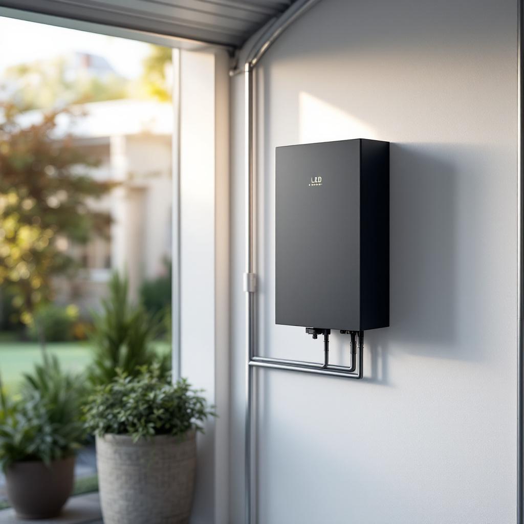Home battery storage system mounted on garage wall