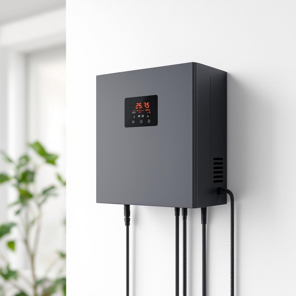 Modern Growatt solar inverter mounted on wall with digital display
