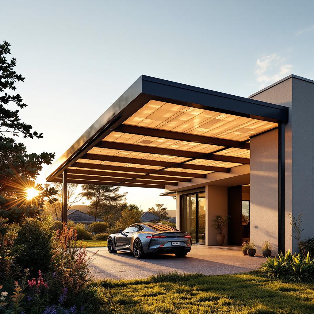 Modern solar pergola covering a residential driveway with integrated solar panels