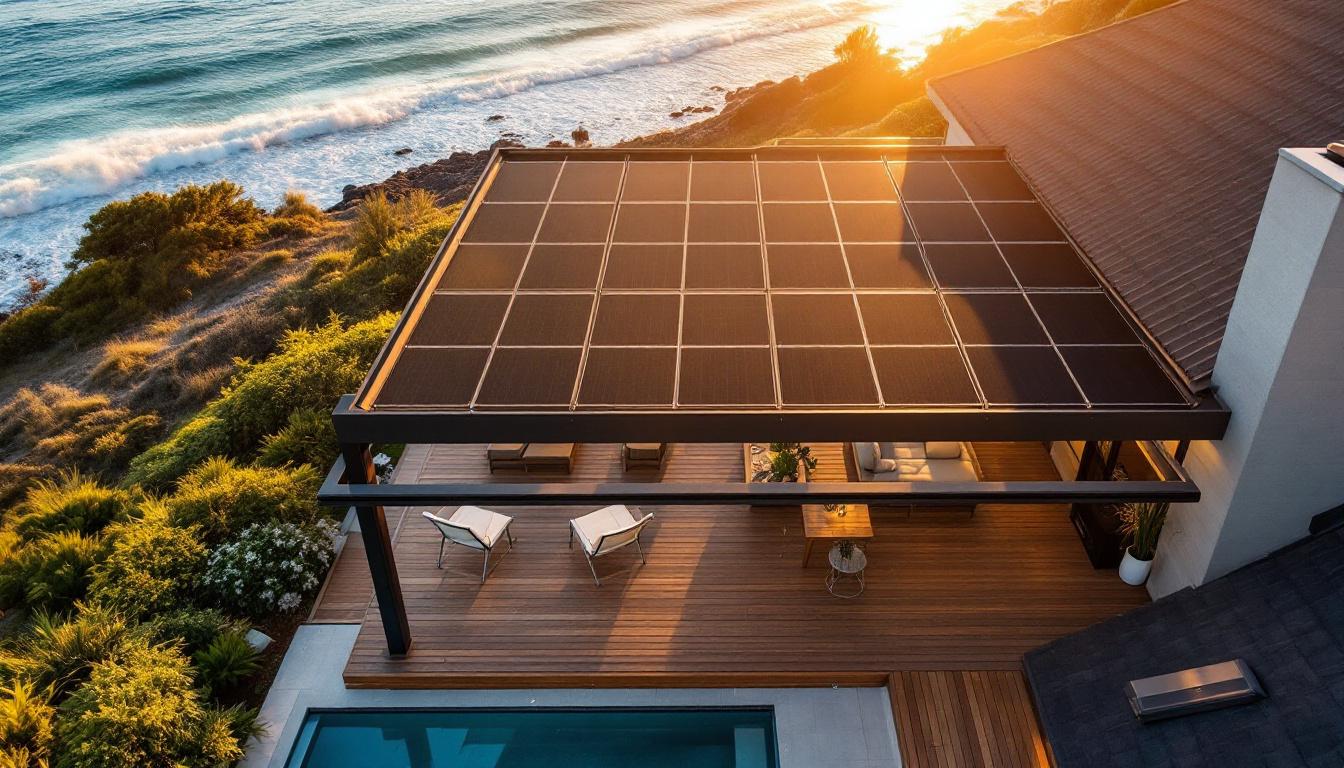 Solar pergola over outdoor deck at an Auckland coastal home