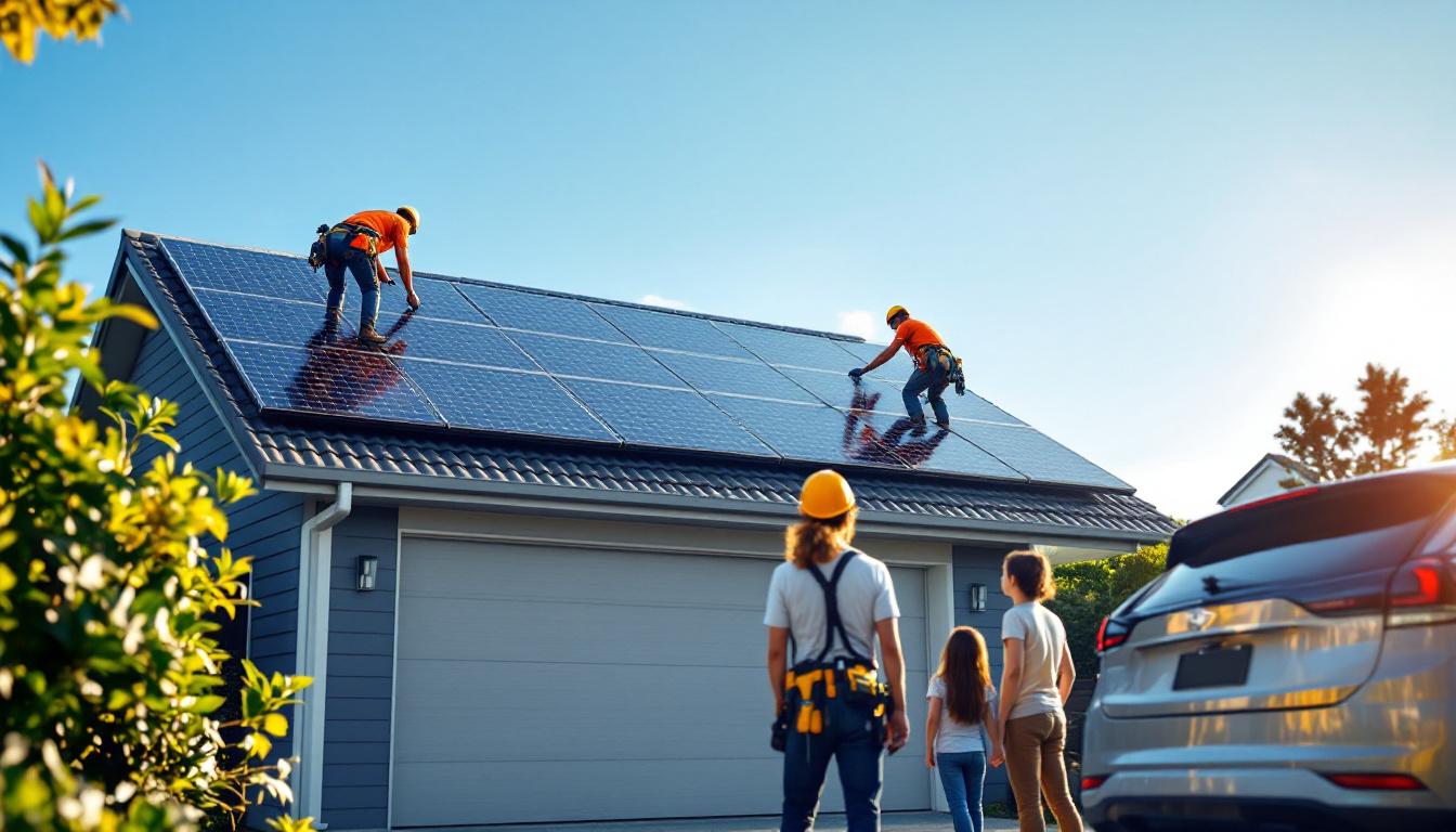 Solar installer team mounting panels on NZ home with family and EV