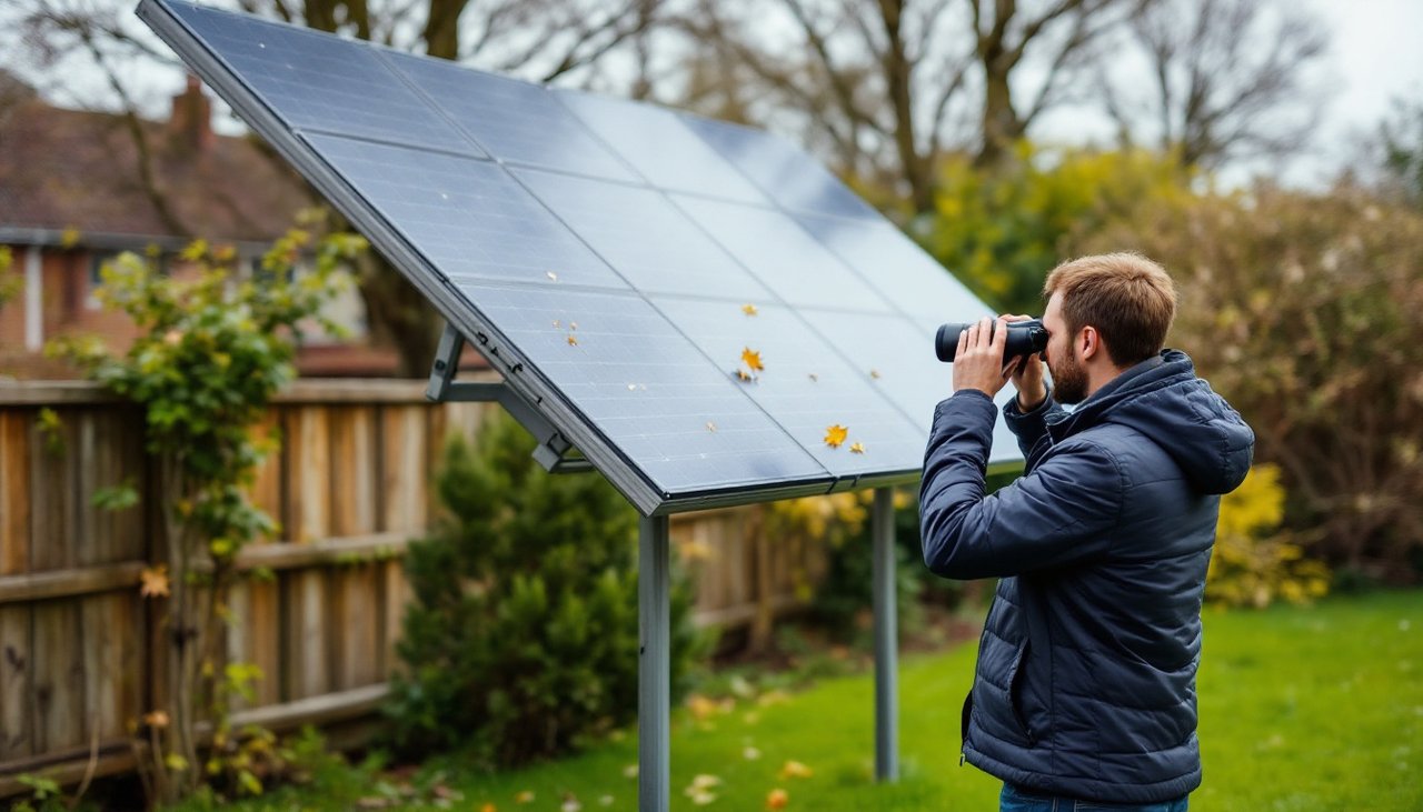 Person using binoculars from the backyard to inspect rooftop panels as part of a home solar maintenance checklist