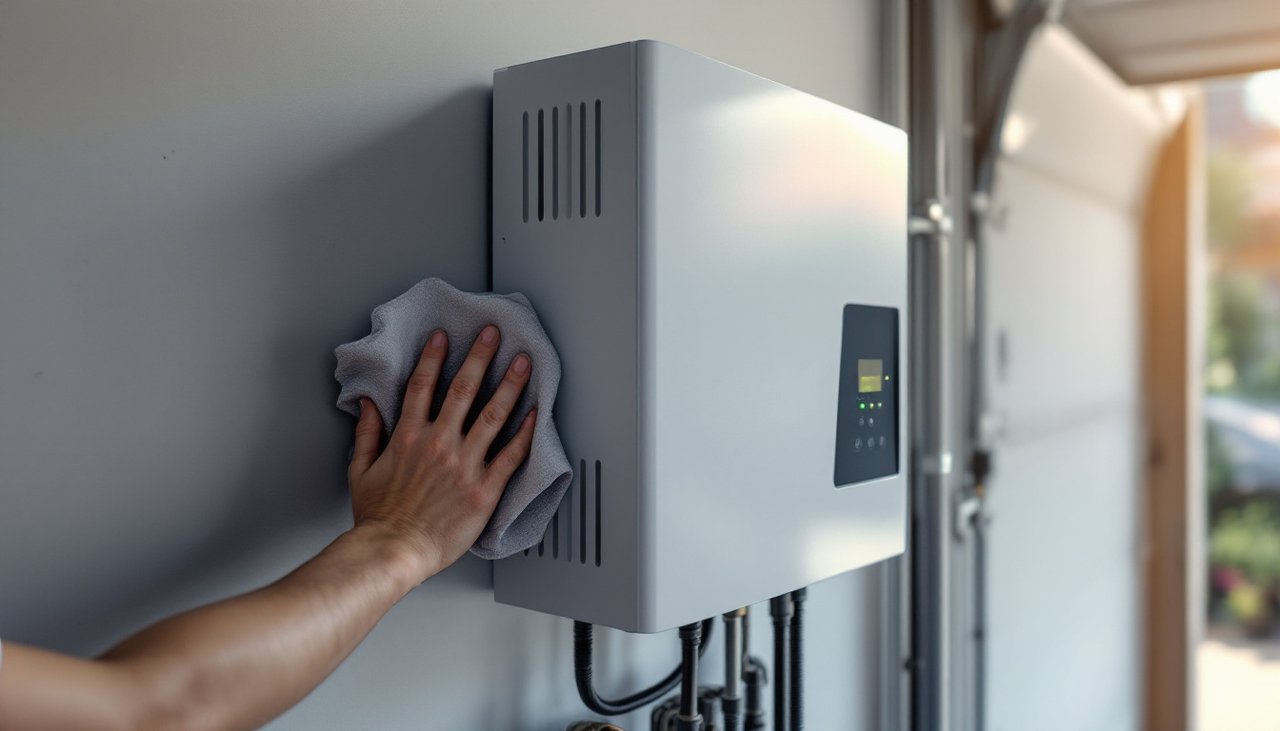 Hand wiping the vents of a wall mounted solar inverter in a tidy garage during home solar maintenance