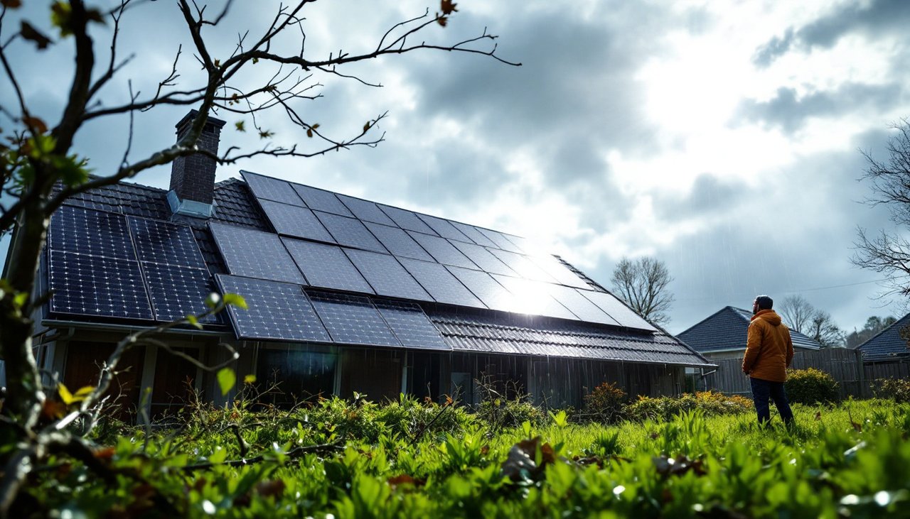 Wet rooftop solar panels after a storm with a homeowner checking the array from the ground, a key step in solar maintenance NZ