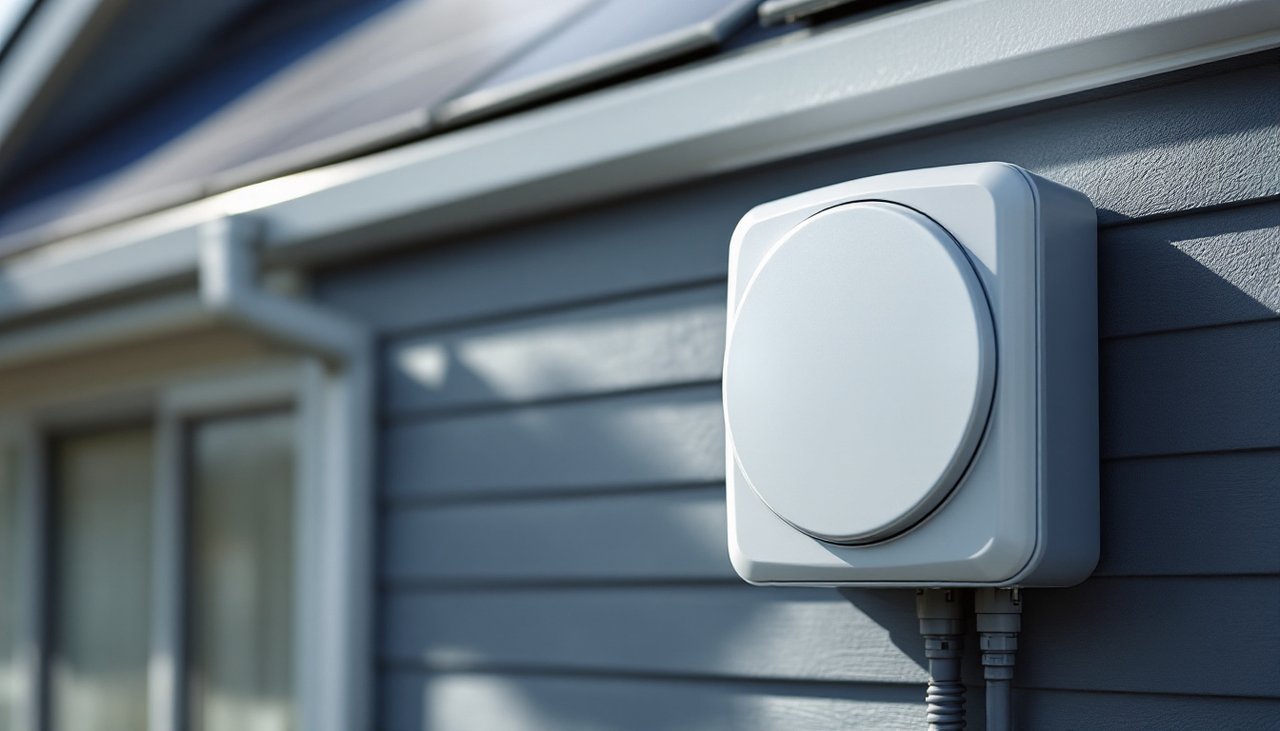 Import and export electricity meter on the outside wall of a solar home, where surplus solar goes to the grid