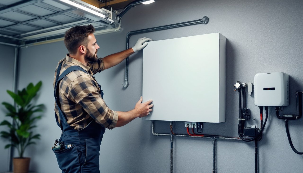 Electrician installing a solar battery beside a hybrid inverter in a home garage