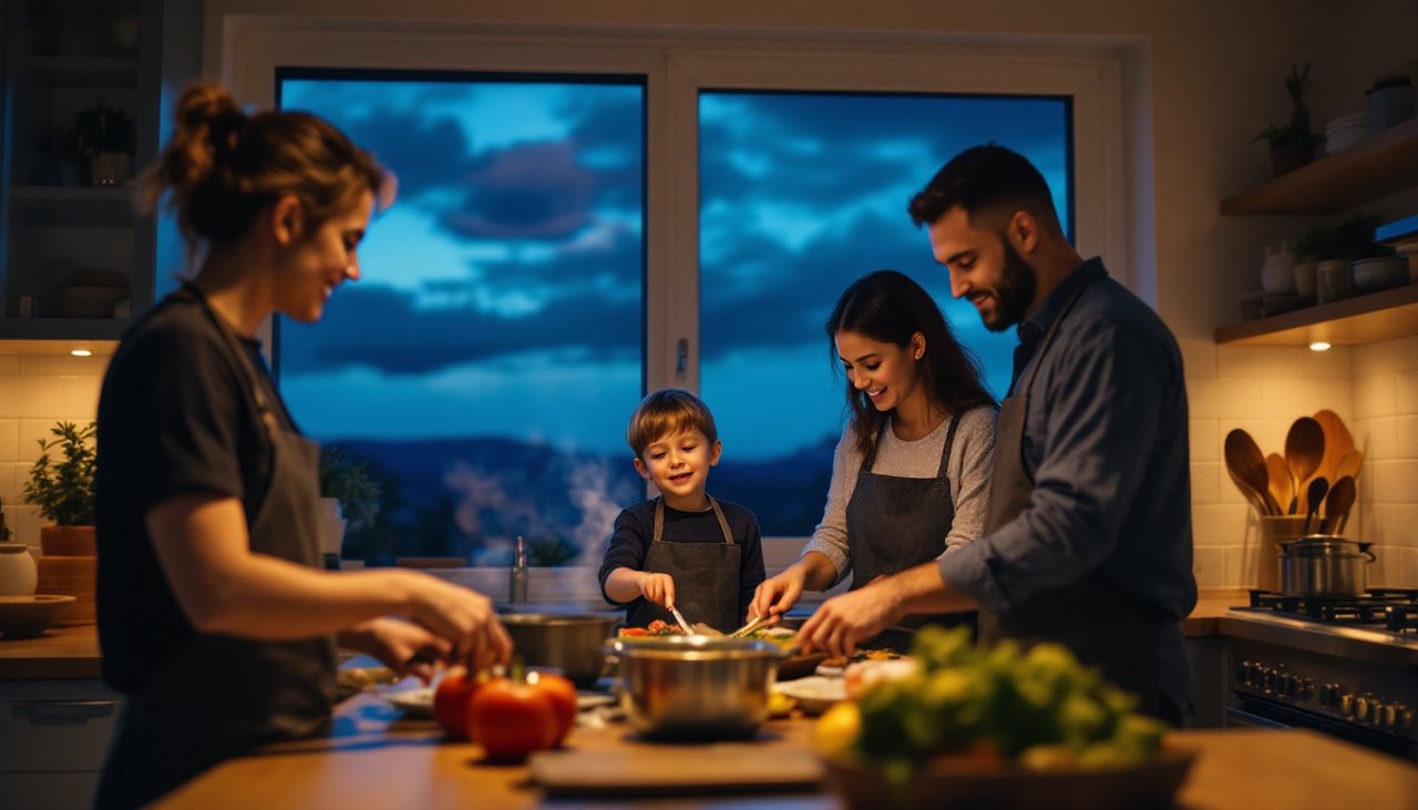 Family cooking dinner in the evening, the time a solar battery covers household power use