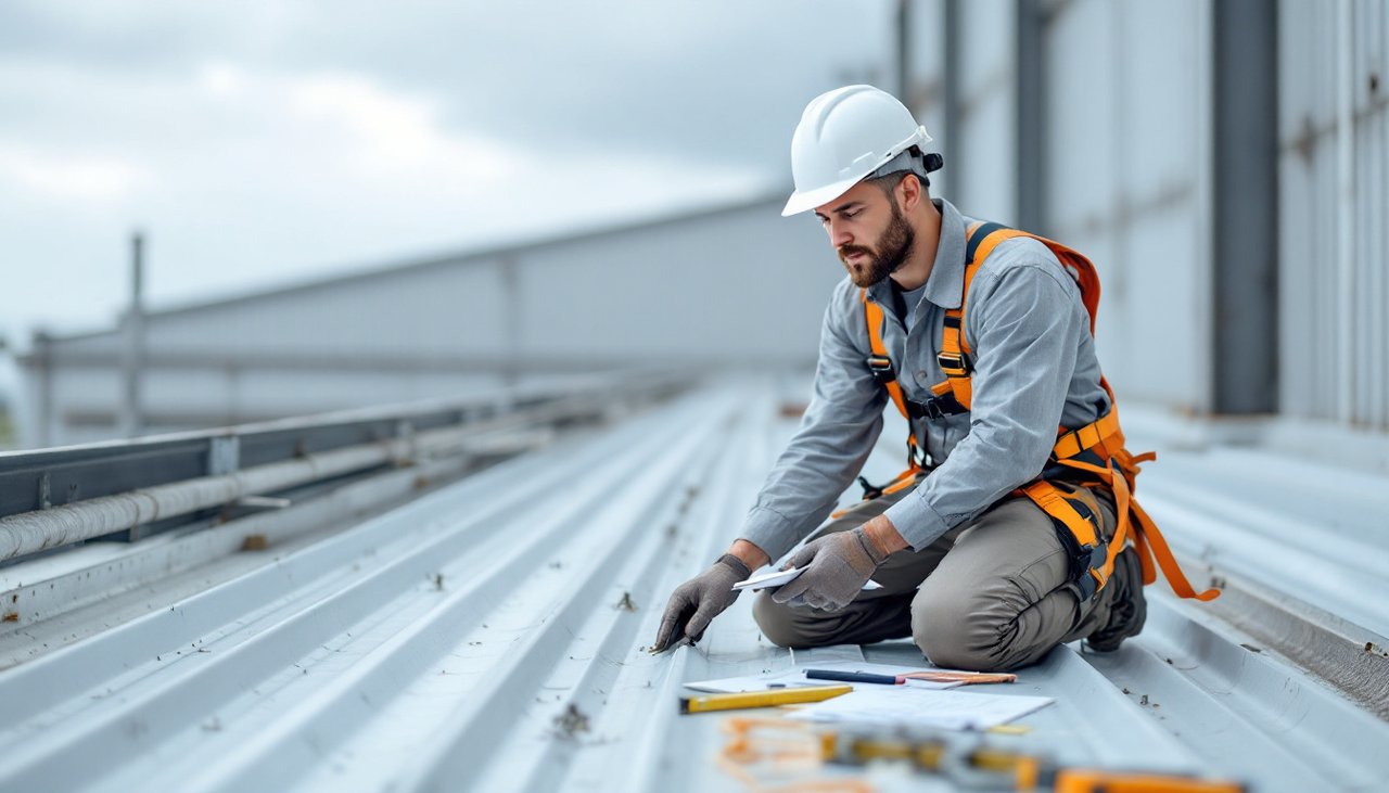 Technician inspecting warehouse roof fixings before an industrial solar installation in NZ