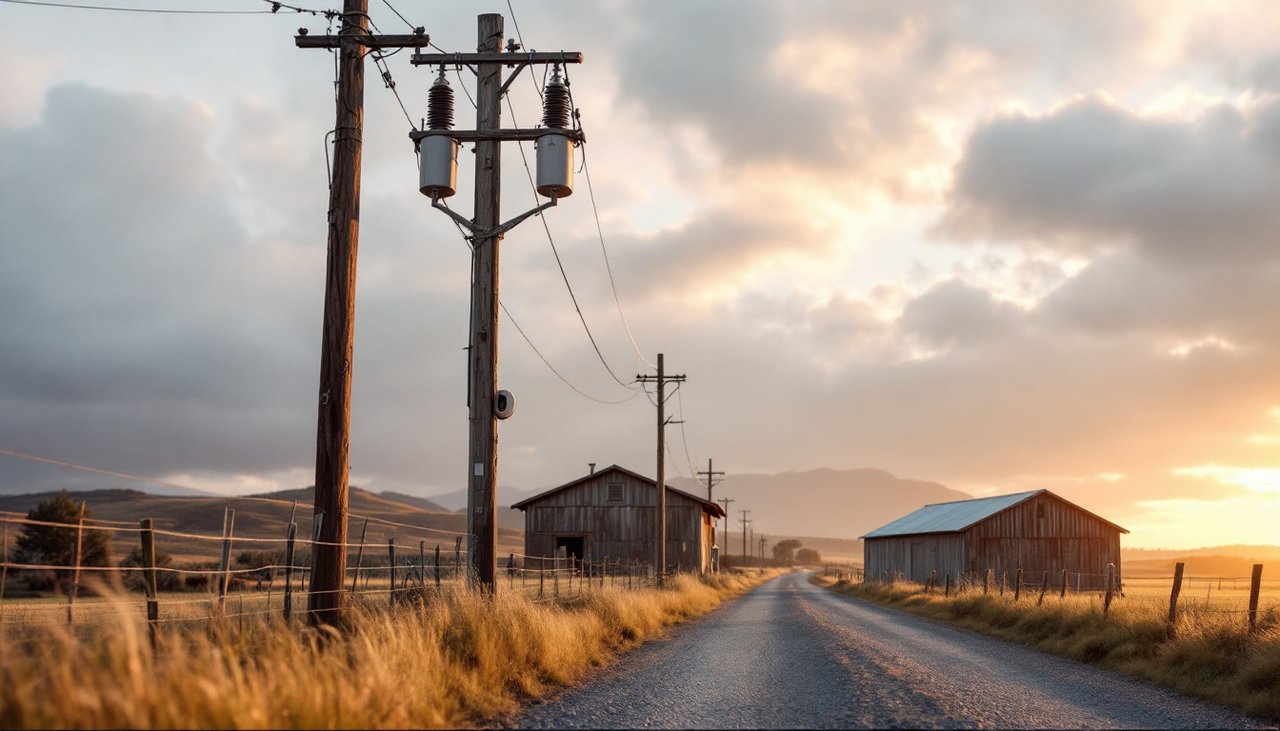 Rural power pole and transformer near a farm shed, part of planning industrial solar in NZ