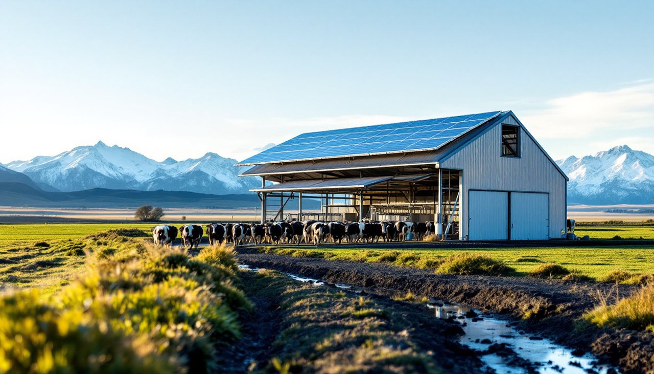 Dairy milking shed with rooftop solar panels in Canterbury, an example of farm industrial solar in NZ