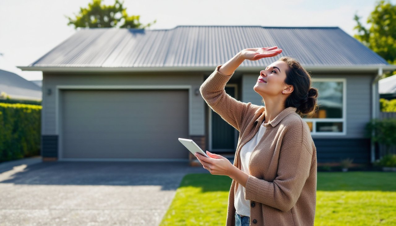 Homeowner standing in her driveway looking up at a metal roof while gathering details for a solar calculator in NZ
