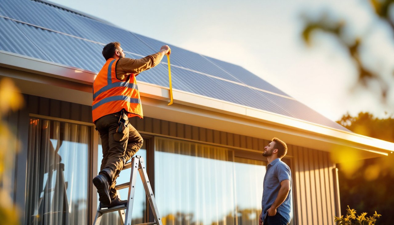 Solar assessor on a ladder measuring a metal roof during an on-site assessment that follows a solar calculator estimate in NZ