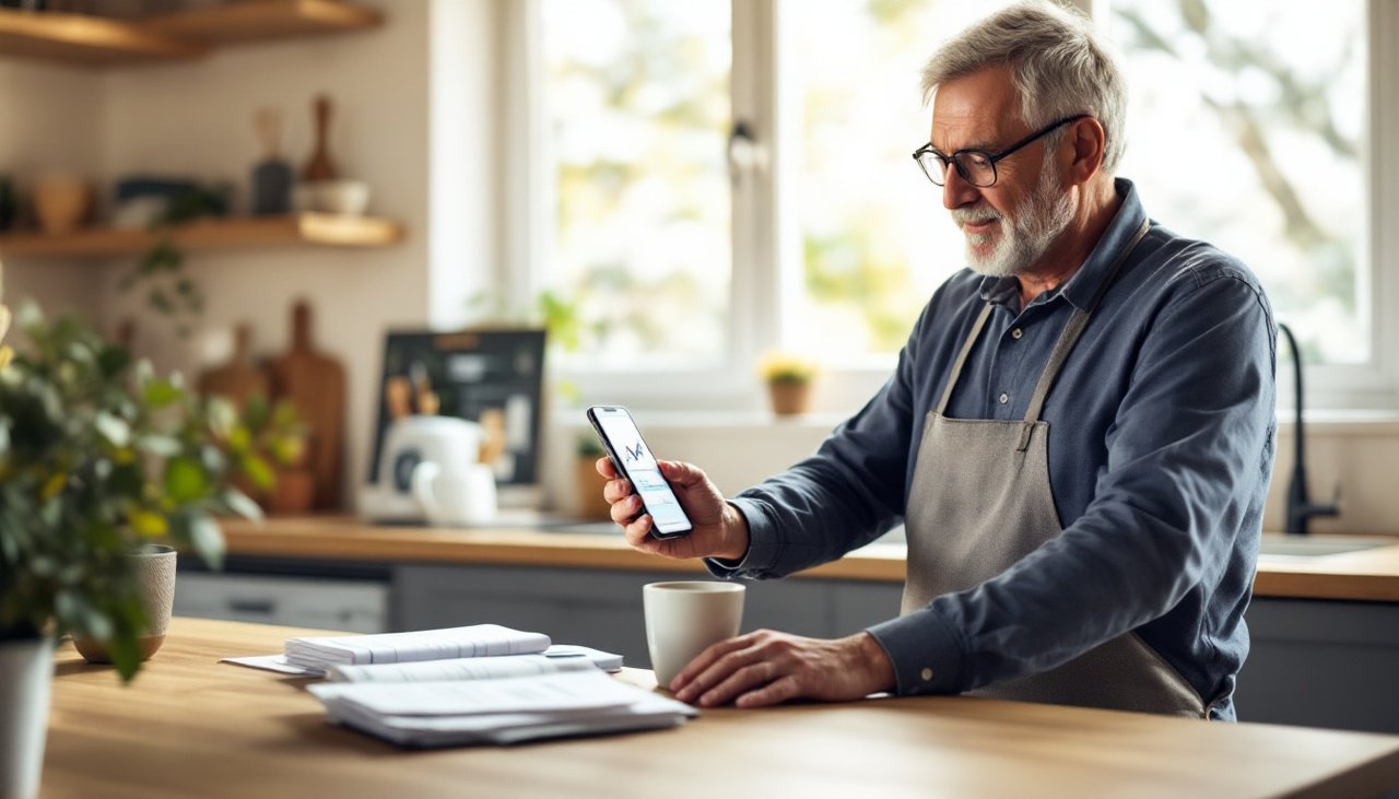 Homeowner at a kitchen bench checking a solar monitoring app on a phone beside power bills and solar system running costs paperwork