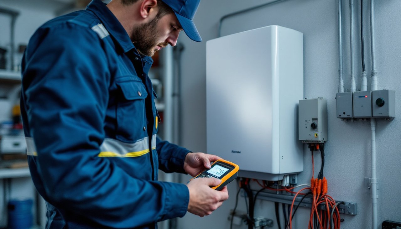 Electrician testing wiring beside a wall-mounted hybrid inverter in a garage during a solar system service visit