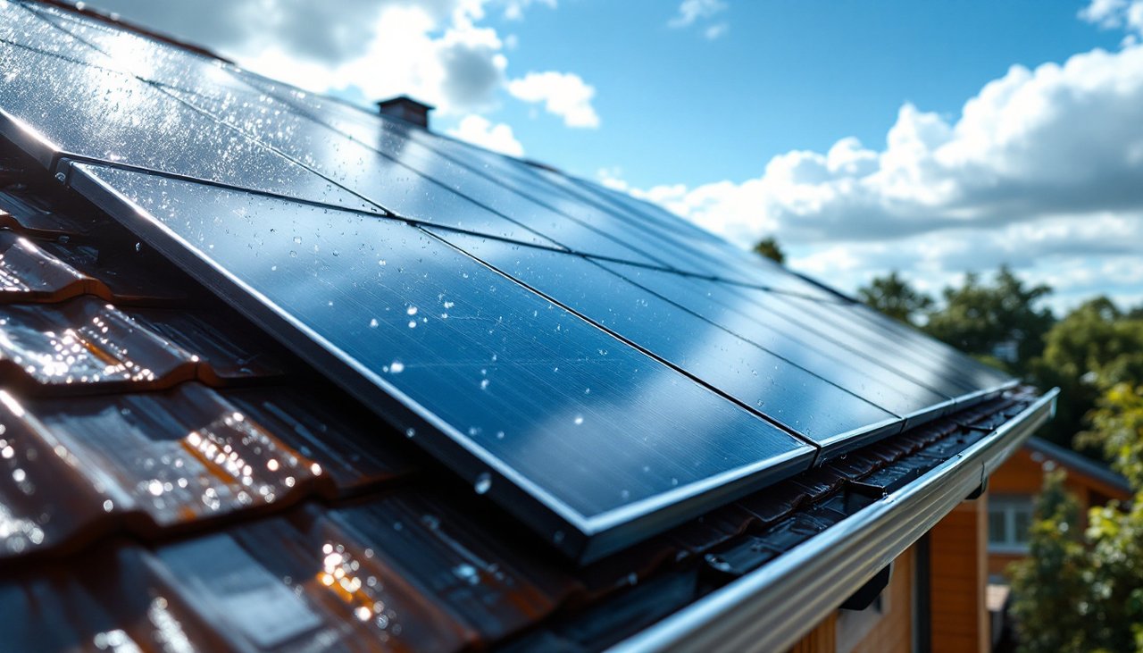 Rain droplets on rooftop solar panels and a wet gutter after a shower on a NZ home with solar